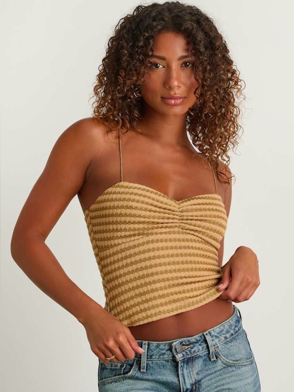 Lulus Jimena Light Brown Striped Knit Ruched Cami Top • XL • NEW WITH TAGS